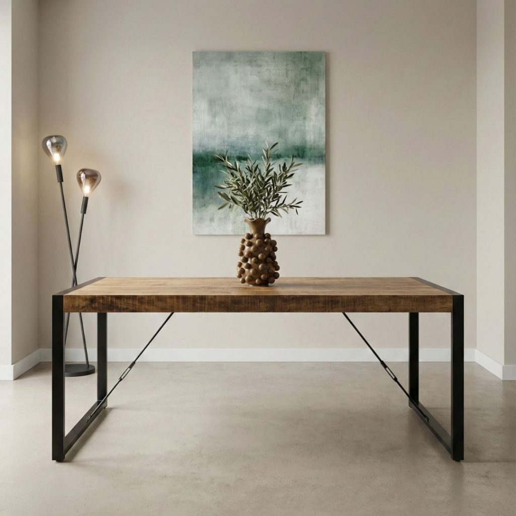 Eettafel Britt van mangohout en metaal met ruime opstelling voor meerdere stoelen.