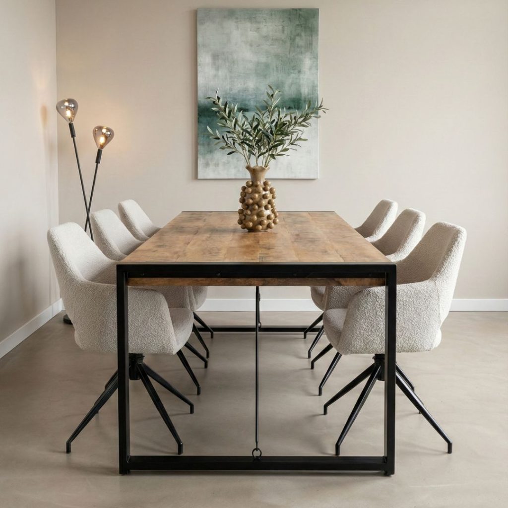 Eettafel Britt van massief mangohout met metalen onderstel in een moderne eetkamer