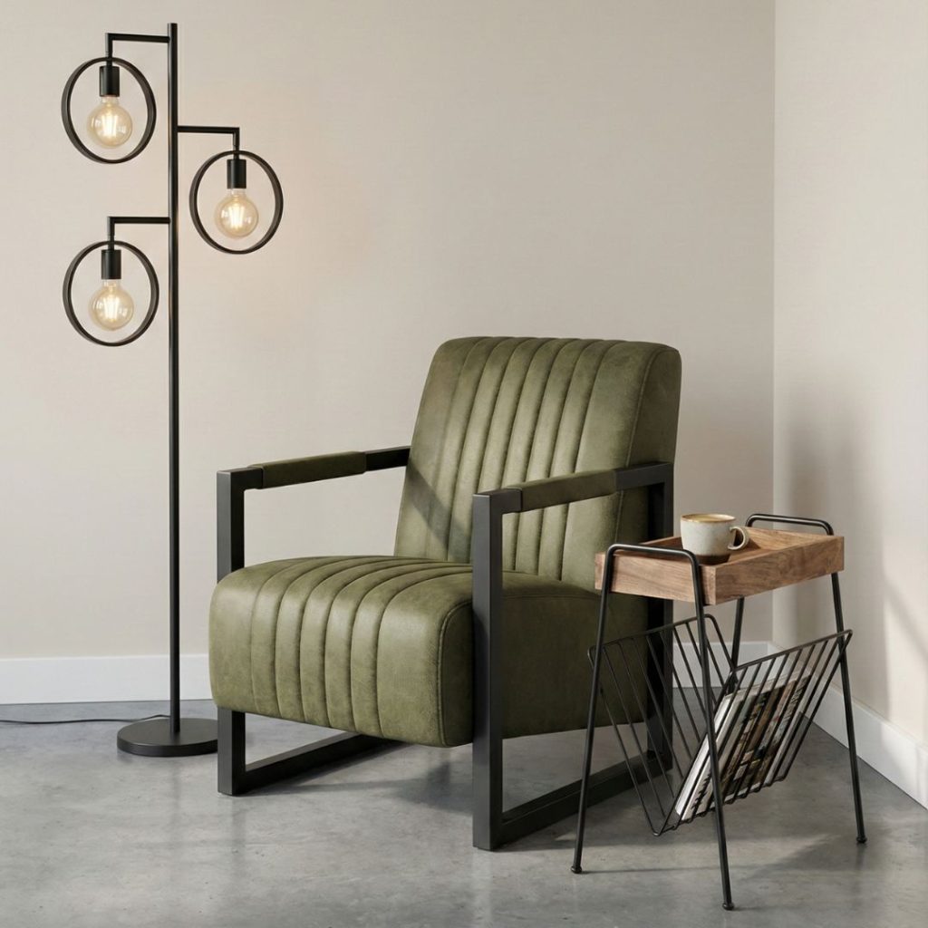 Fauteuil Ten in groen Missouri stof met zwart metalen frame in een modern interieur