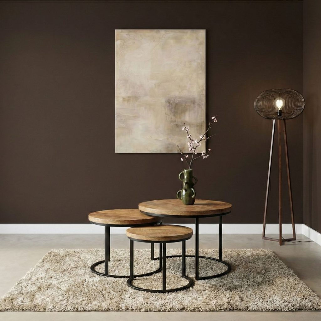 Salontafelset Anne dik blad gemaakt van mangohout met metalen frame passend in elk interieur