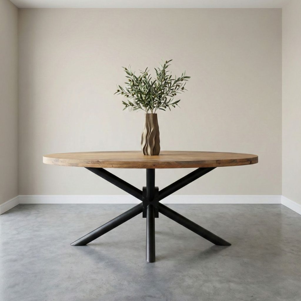 Mangohouten eettafel Monique met een ronde spinspoot van HUUS.