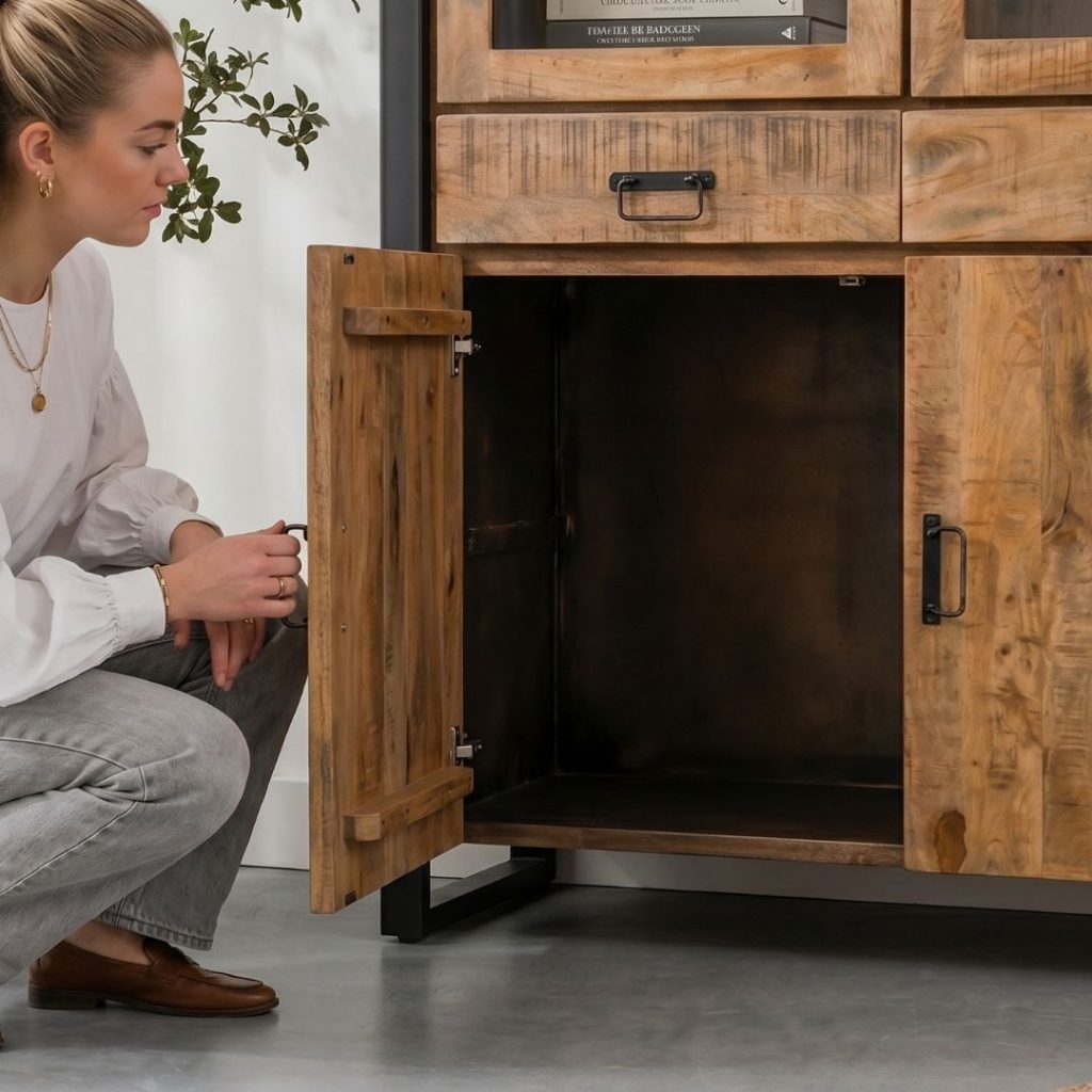 Detail foto glazen deur hoge kast britt van mangohout en zwart metaal