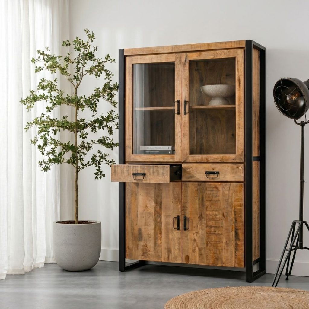 Hoge kast Britt in een industrieel modern interieur, gemaakt van mangohout.