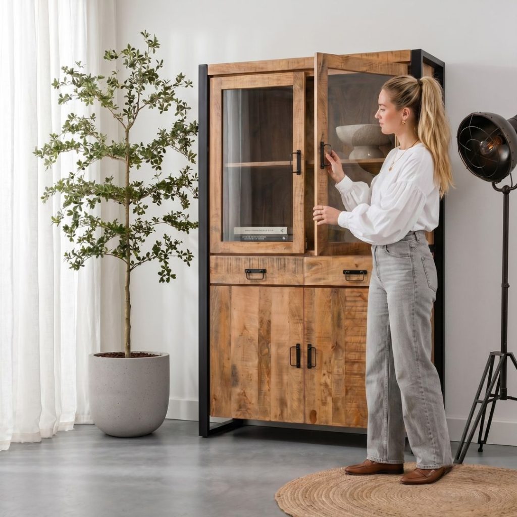 Hoge kast Britt in een industrieel modern interieur, gemaakt van mangohout.