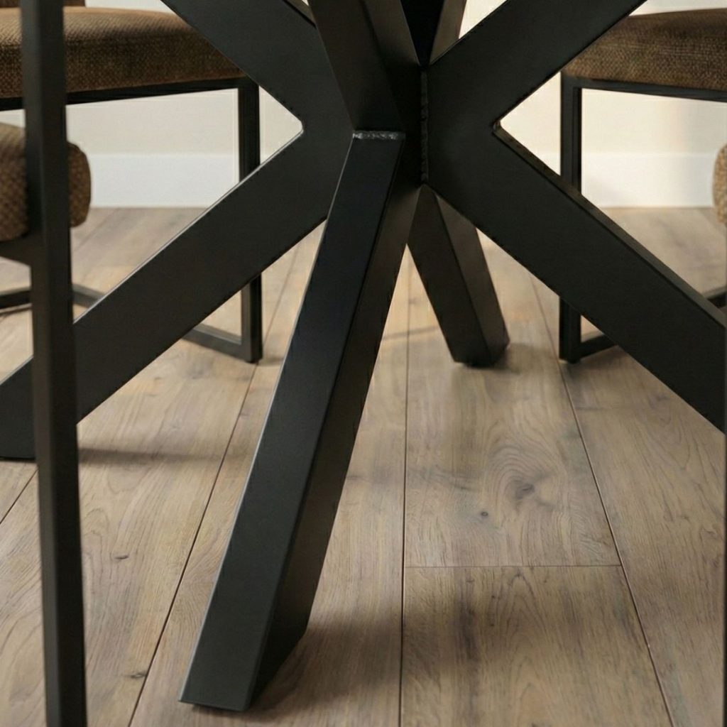 detailfoto zwart metalen tafelpoot ronde eettafel Apeldoorn HUUS