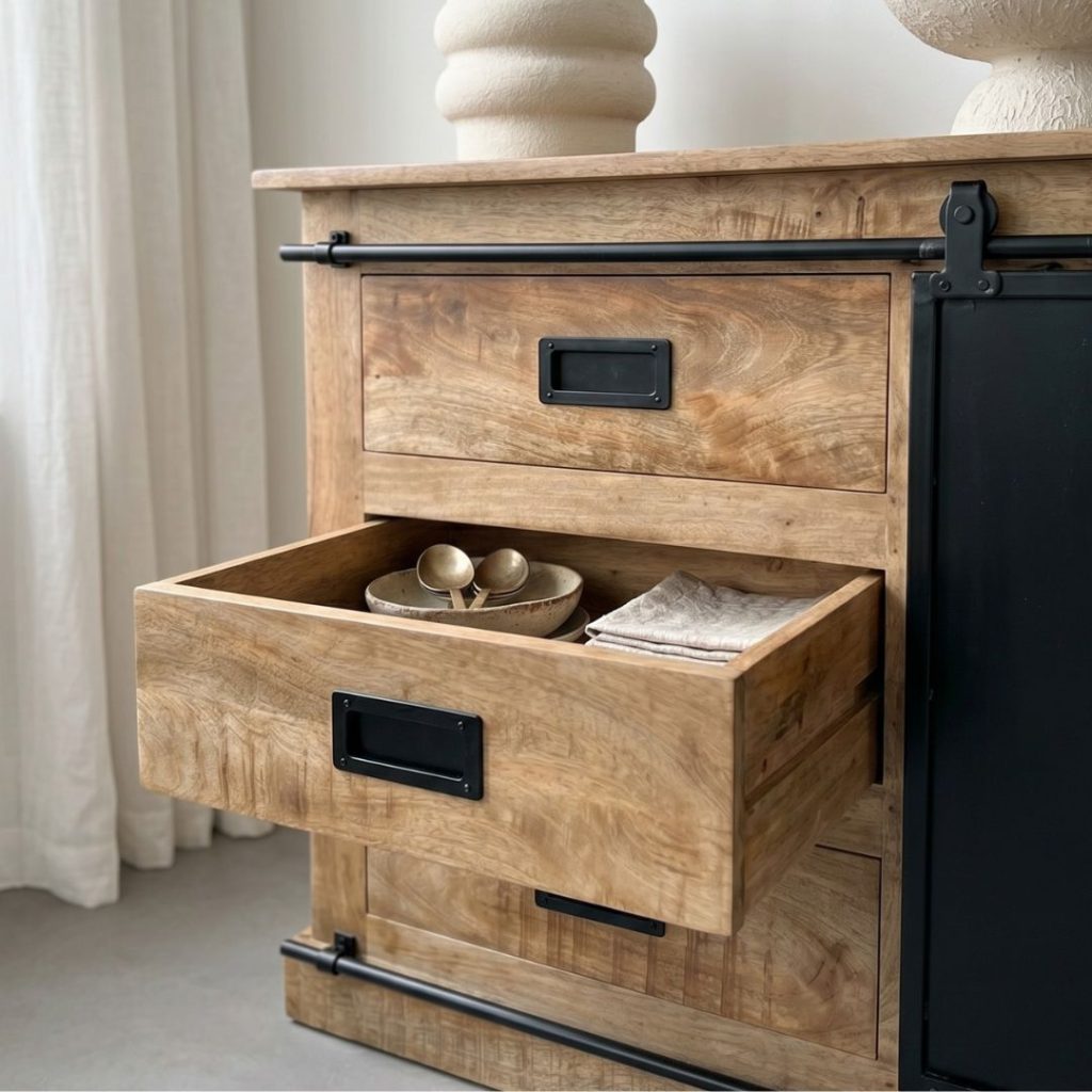 Detail robuuste lade dressoir lotte van HUUS gemaakt van mangohout