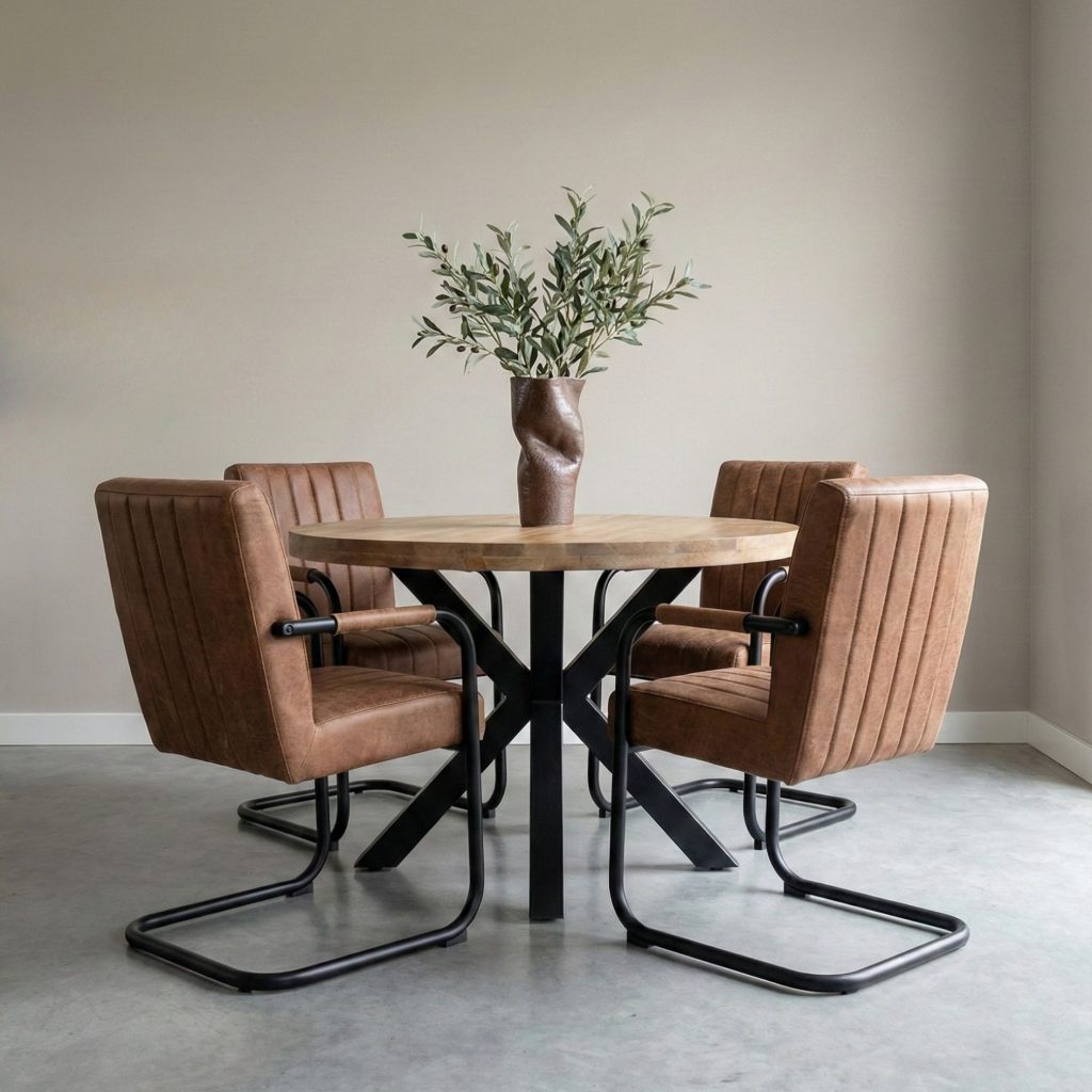 Industriële eetkamersetting met eettafel Iris en eetkamerstoel One van HUUS.