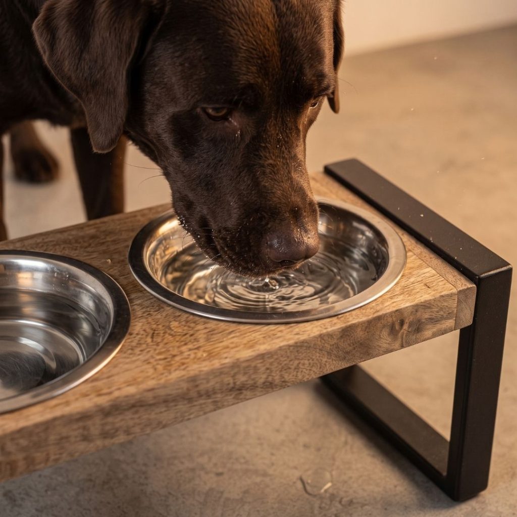 Donkerbruine labrador hond bij voerbak dier van HUUS