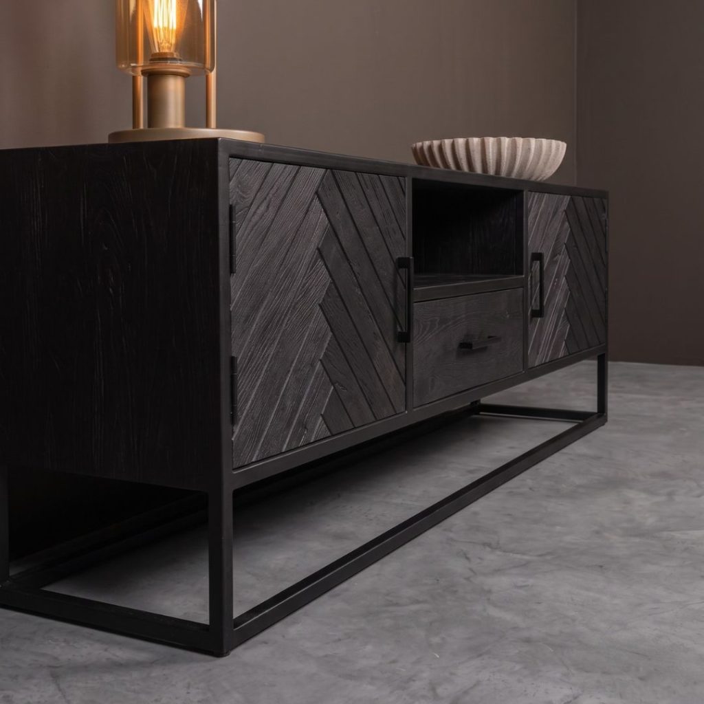 Detail foto tv-meubel Floor met een zwart vissengraat patroon