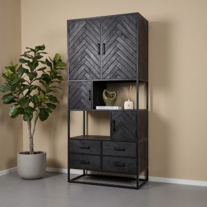 Wandkast Floor gemaakt van zwart mangohout met een modern vissengraat patroon