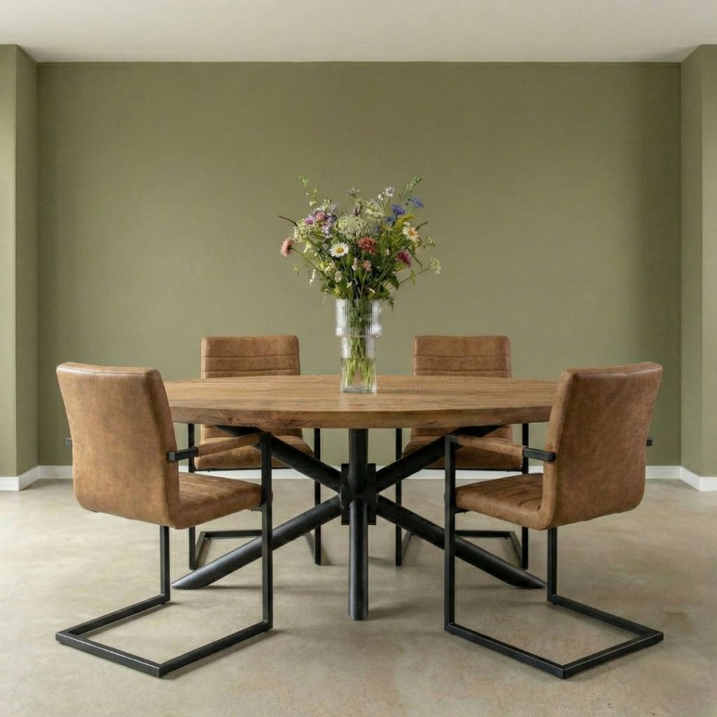 Industriële eetkamer met Eettafel Iris Ovaal gecombineerd met eetkamerstoel Nine in de kleur Cognac