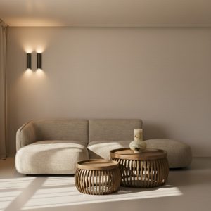 Ronde salontafelset Pascal gemaakt van mangohout en perfect voor een modern interieur.
