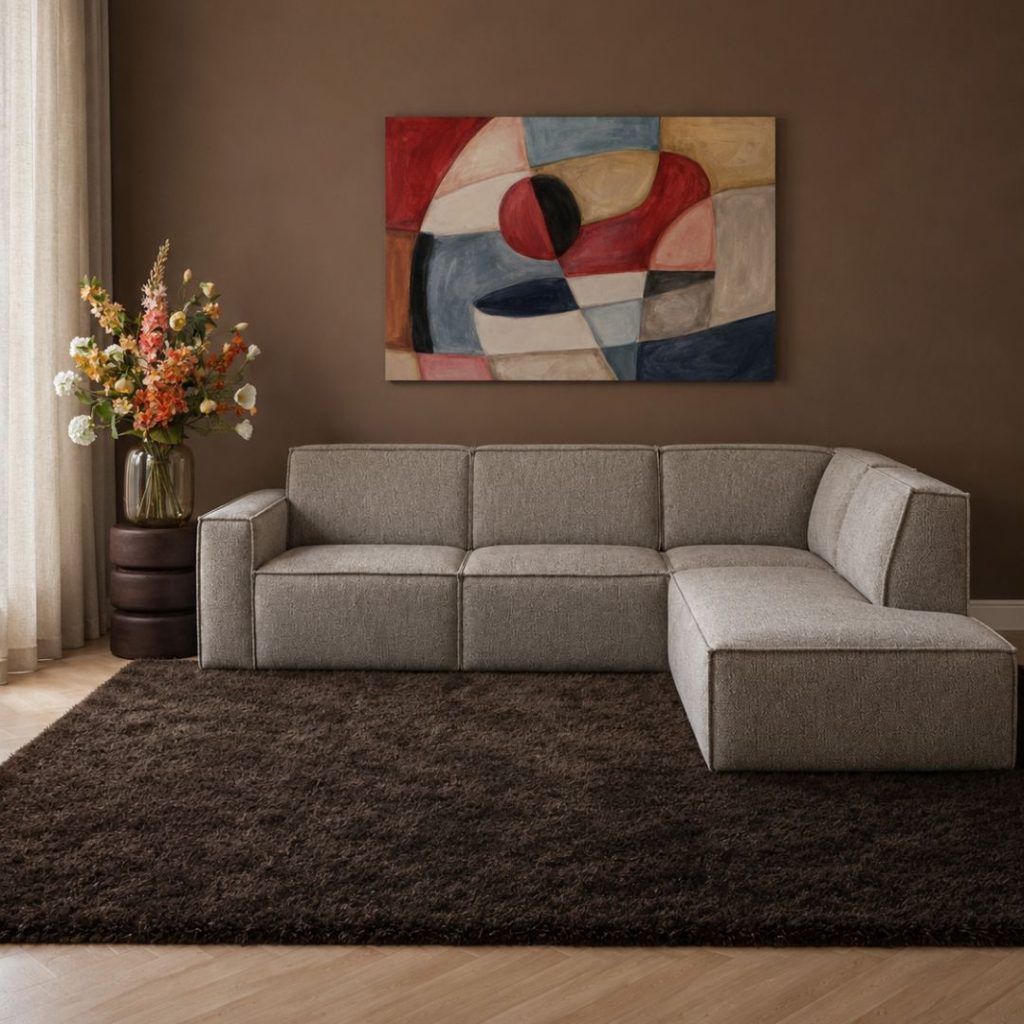 Nieuw, hoekbank Kay in de stof Mushroom boucle, betaalbaar en hoog comfort.
