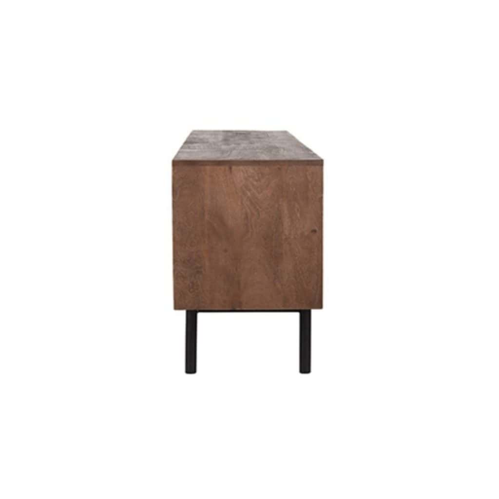 Zijaanzicht van het 180 cm brede tv-meubel in mangohout met zwart metalen poten en verbindingsframe.
