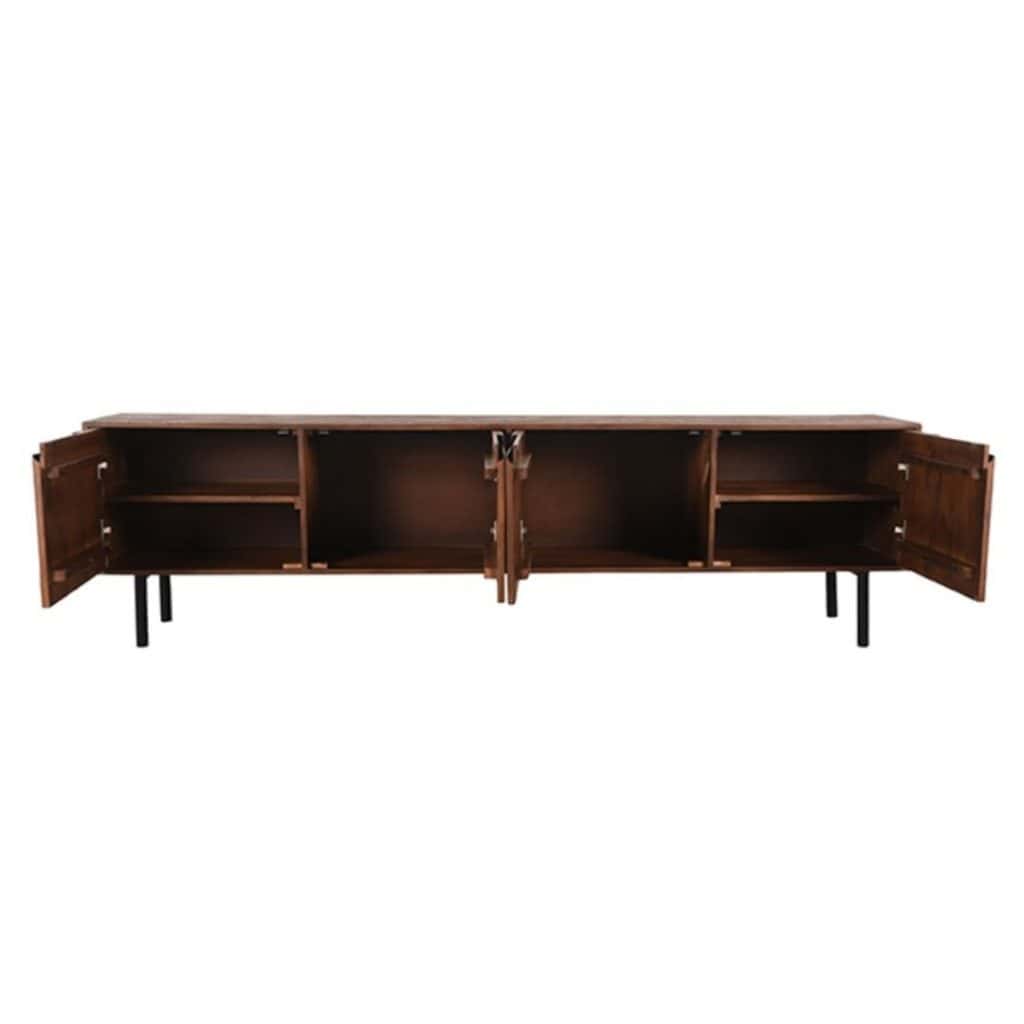 Binnenzijde van het 220 cm brede meubel met verdeelde vakken voor accessoires en apparatuur.