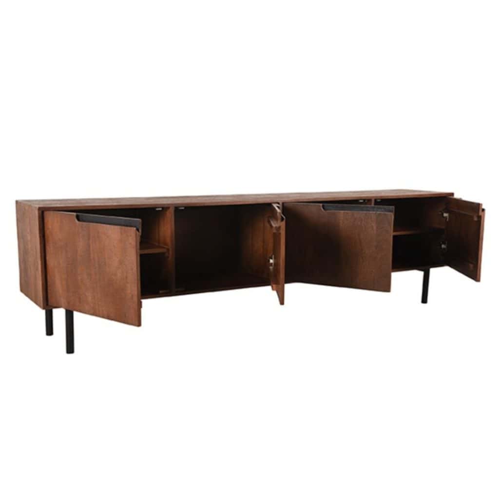 Zijaanzicht binnenzijde van het 220 cm brede meubel met verdeelde vakken voor accessoires en apparatuur.