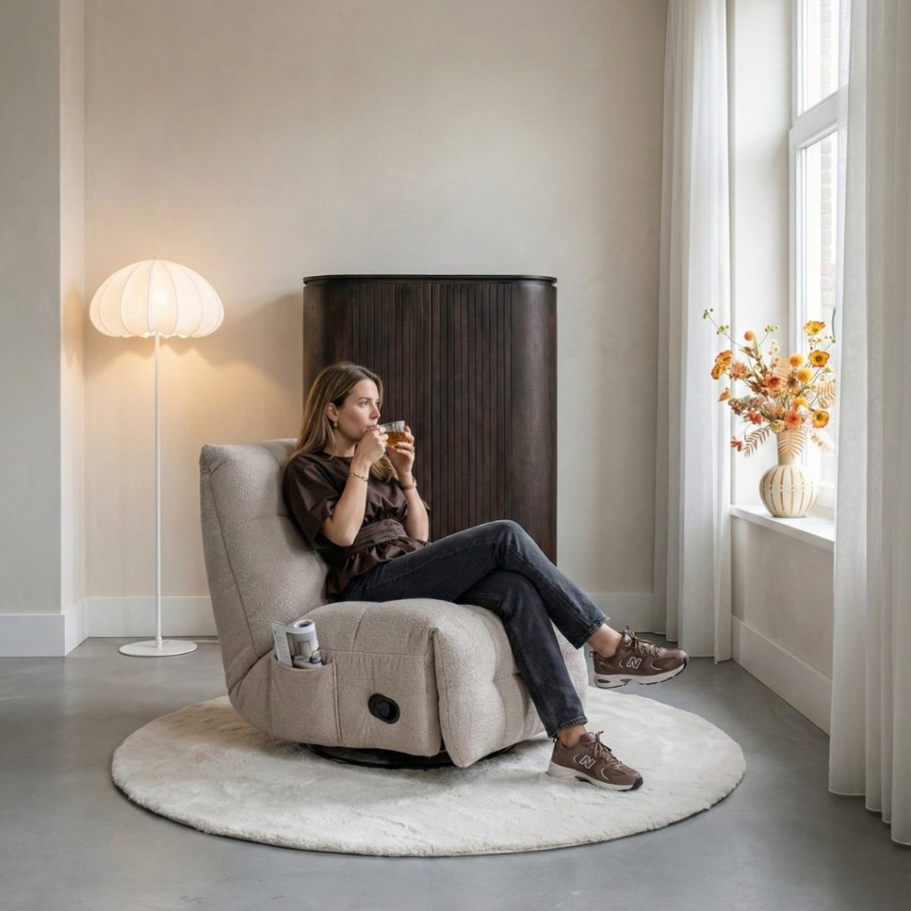 Moderne vrouw op de beige relax fauteuil Zen van HUUS in een japandi interieur.