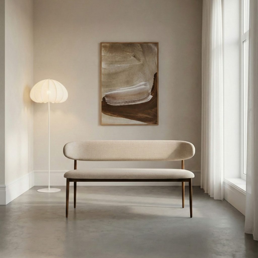 Eetkamerbank Japandi van HUUS in taupe-walnoot, sfeervol gestyled in een rustig en modern interieur.