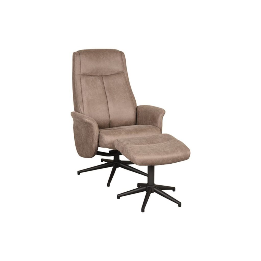 Fauteuil Sam met hocker in een taupe stof van Label51 nu bij HUUS voor de beste prijs