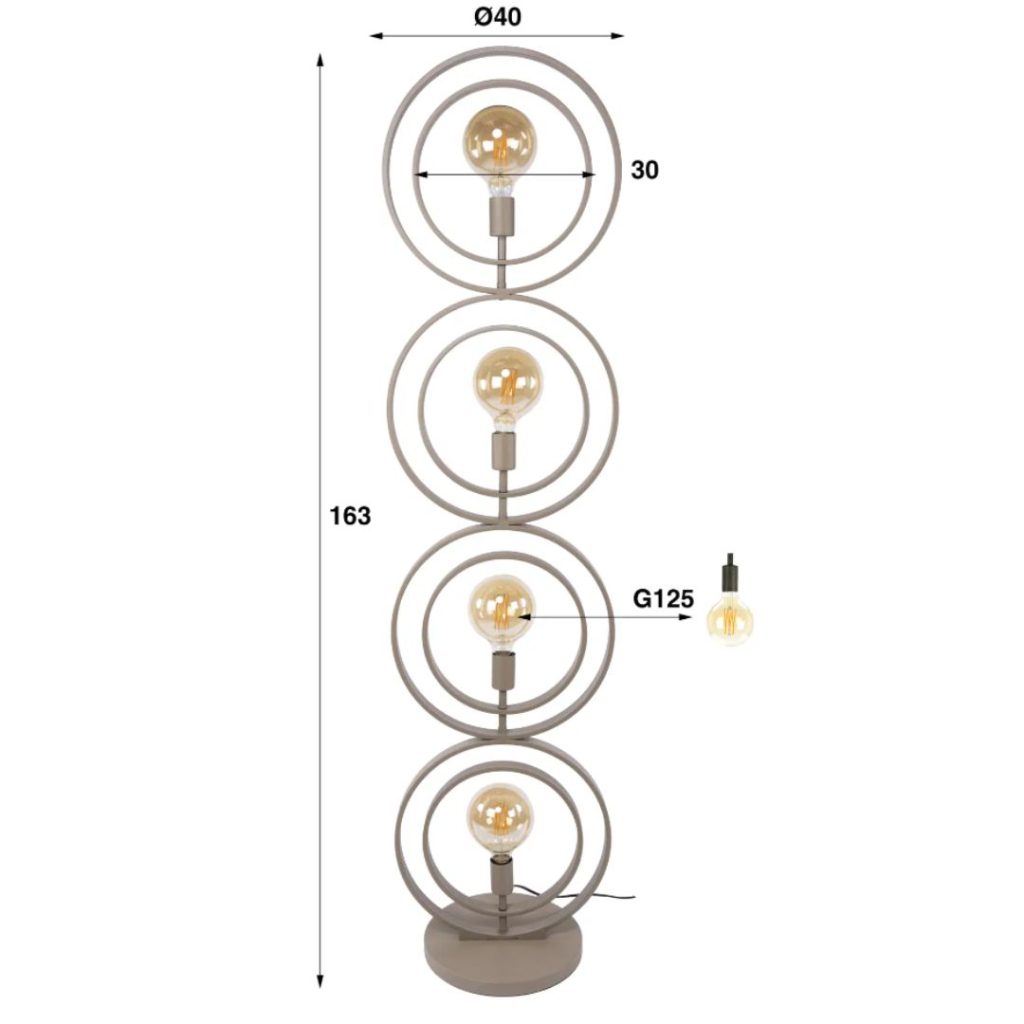 Vloerlamp met metalen ringen tegen een witte achtergrond met aangegeven afmetingen.