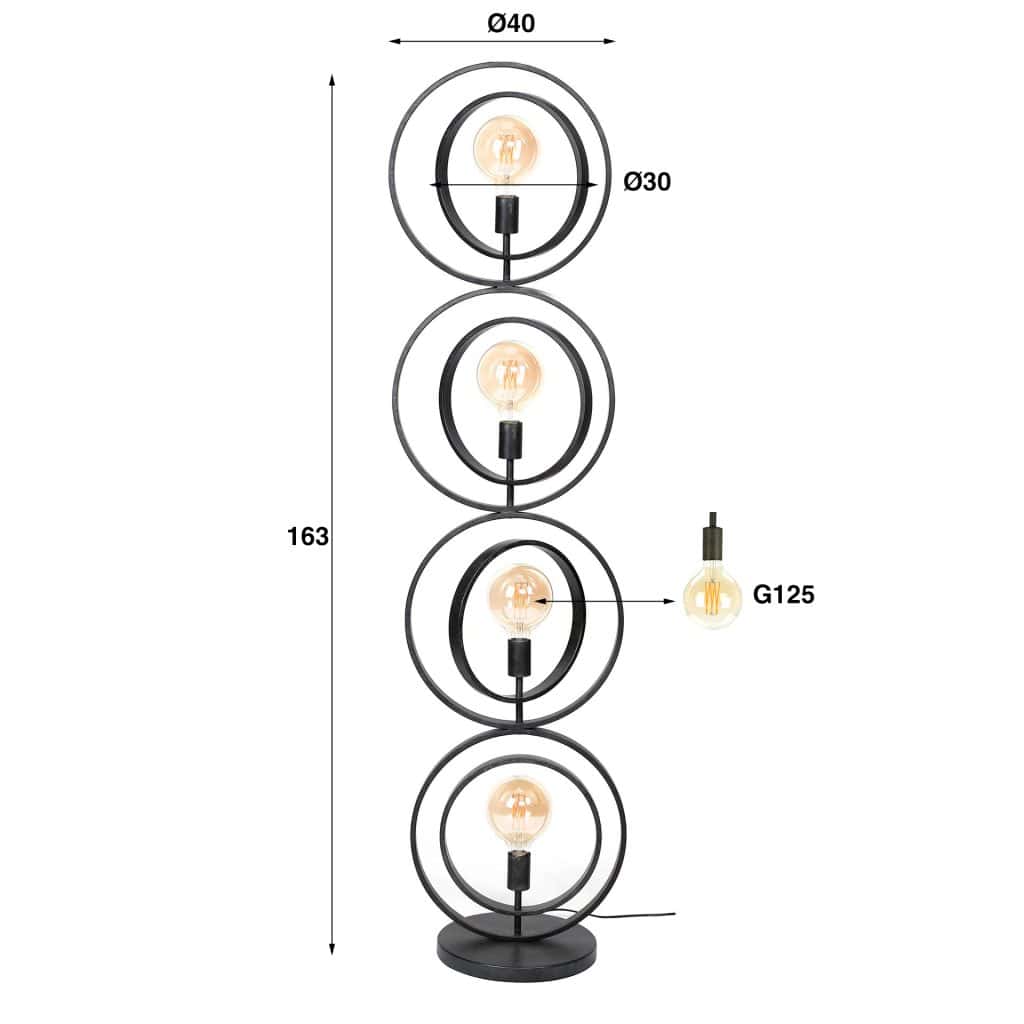 Charcoal vloerlamp industrieel op witte achtergrond met alle afmetingen van de lamp.