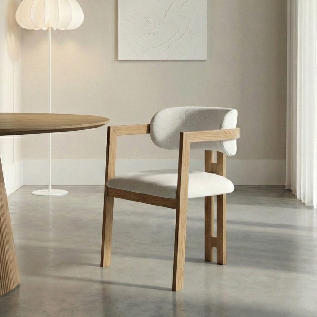 Eetkamerstoel Japandi met armleuning in naturel hout en zandkleurige bekleding.