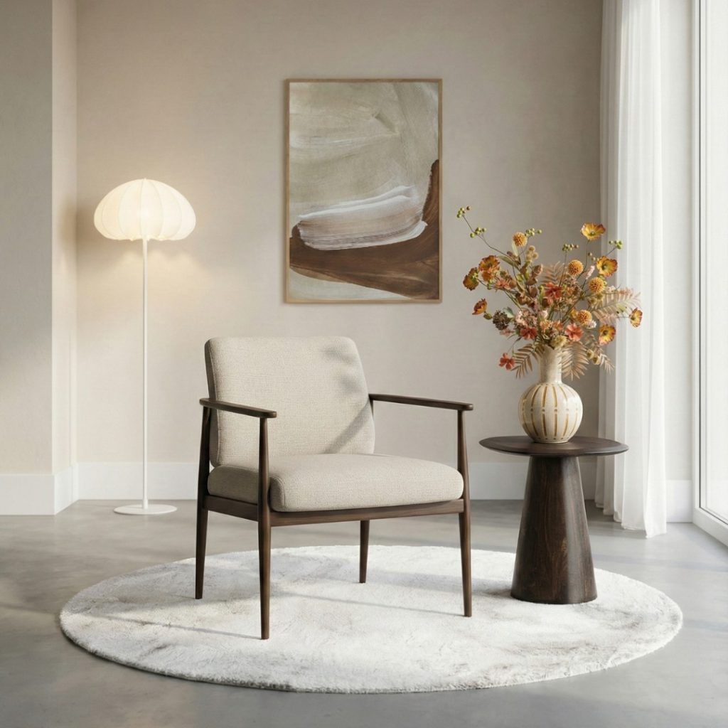 Fauteuil Japandi van HUUS in taupe-walnoot, sfeervol gestyled in een rustig en modern interieur.