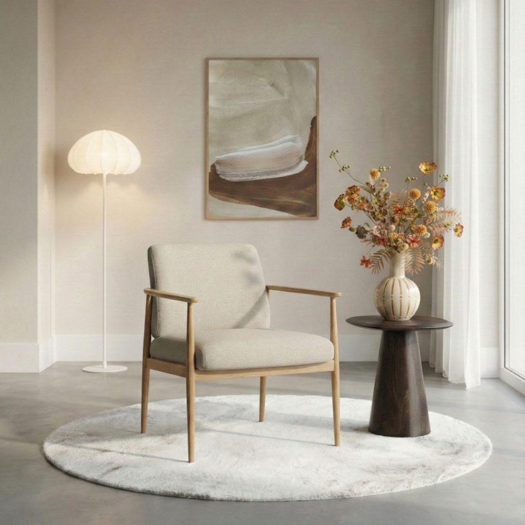Fauteuil Japandi van HUUS in taupe-naturel, sfeervol gestyled in een rustig en modern interieur.