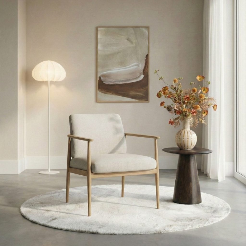 Fauteuil Japandi van HUUS in zand-naturel, sfeervol gestyled in een rustig en modern interieur.