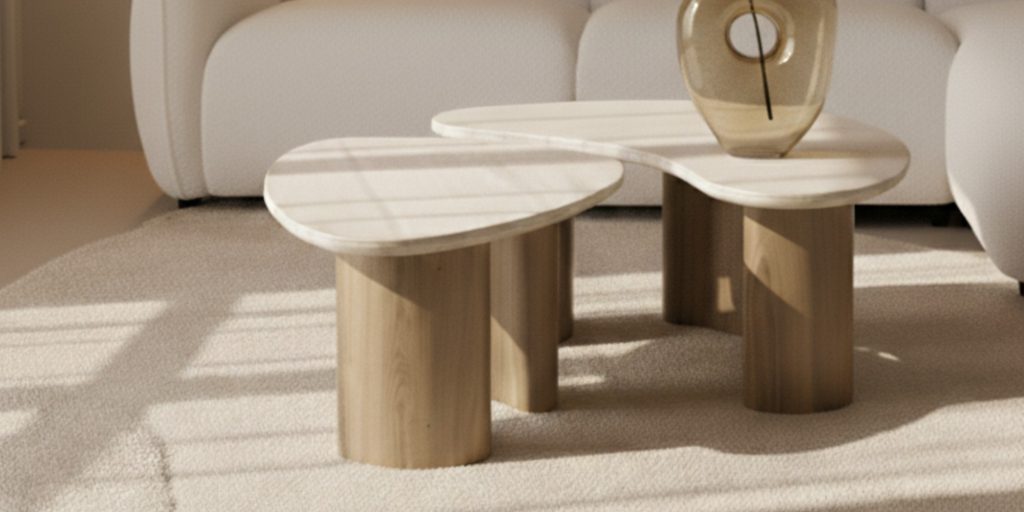 Salontafelset Silvy uit de HUUS Premium collectie, gemaakt van travetin met mangohout.