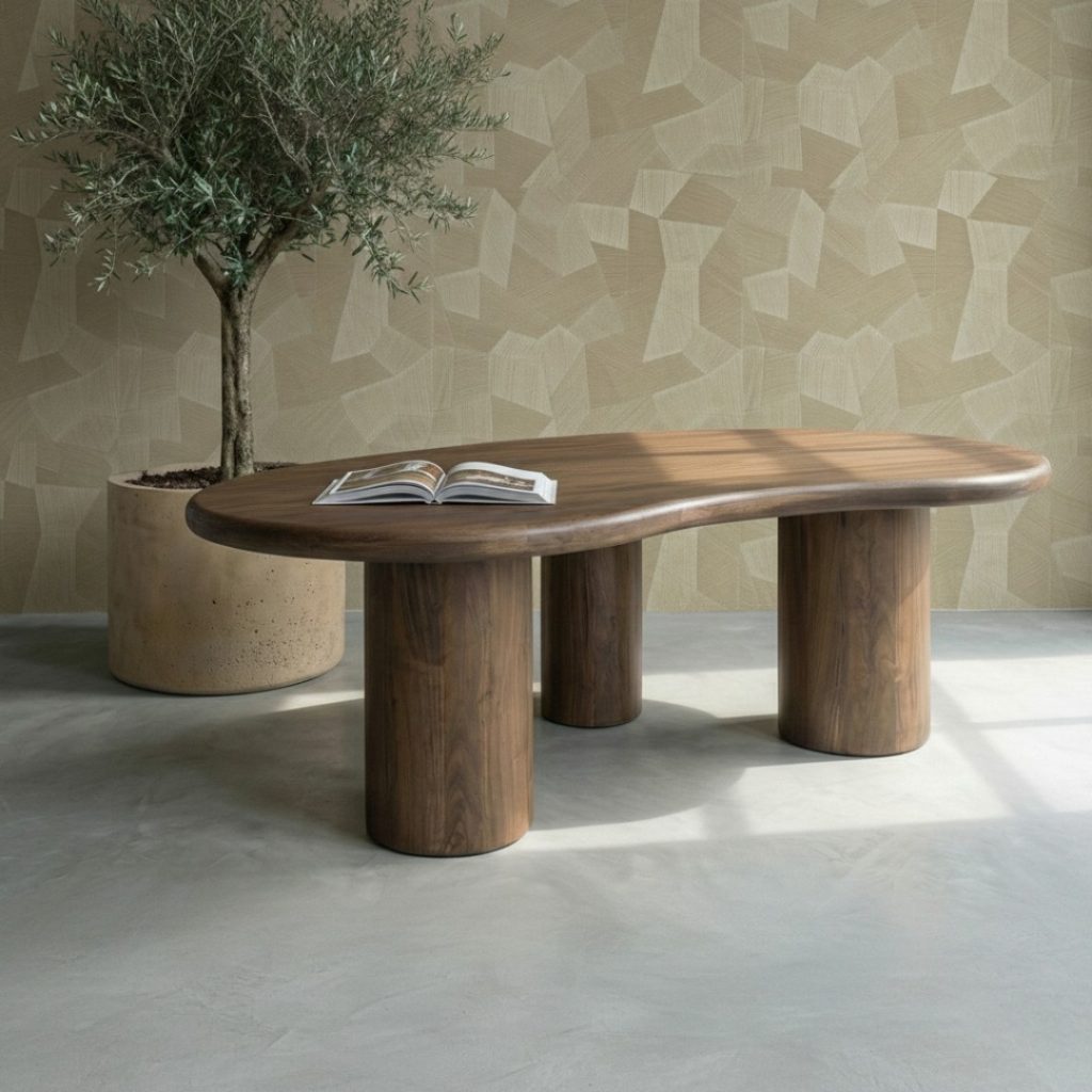 Organische eettafel Scarlett van acaciahout, passend in japandi en modern interieur.