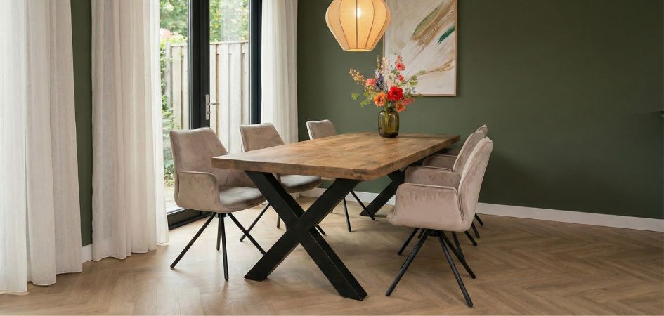 Sfeervolle eethoek met eettafel, passend bij tips voor het kiezen van de juiste eettafel.