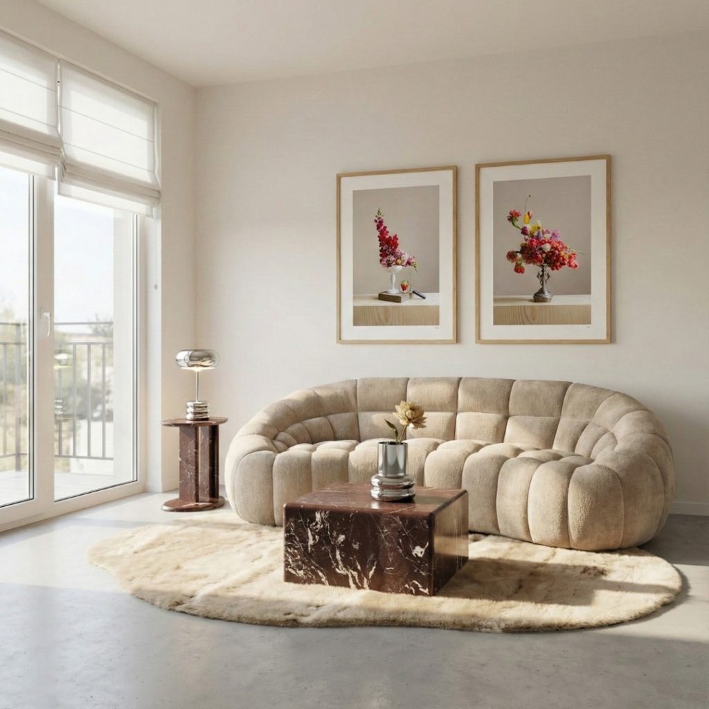 organisch gevormde bank met beige stof en rode accenten.