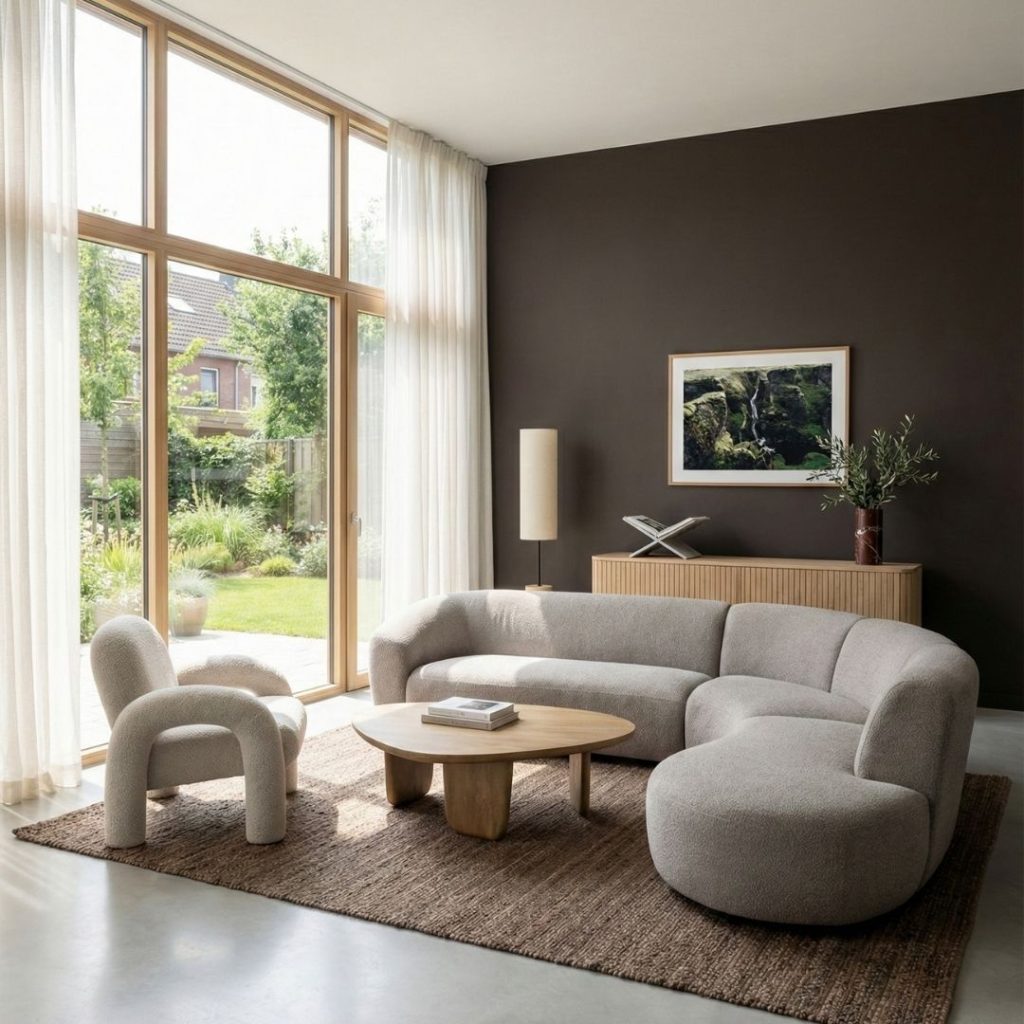 Hoekbank Florence van LABEL51 gecombineerd met fauteuil phiel in een japandi interieur.