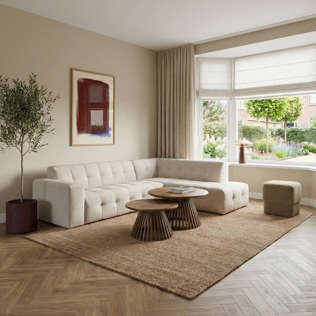 Een modern interieur met hoekbank Lorenzo van Label51 de in clay elite stof.