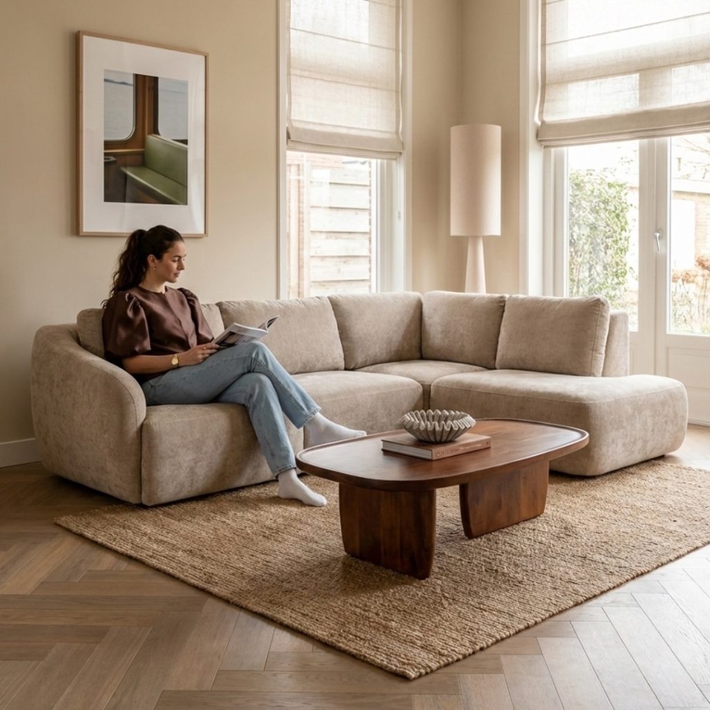 Salontafel Olivia mangohout HUUS in Japandi interieur, gecombineerd met hoekbank Matteo