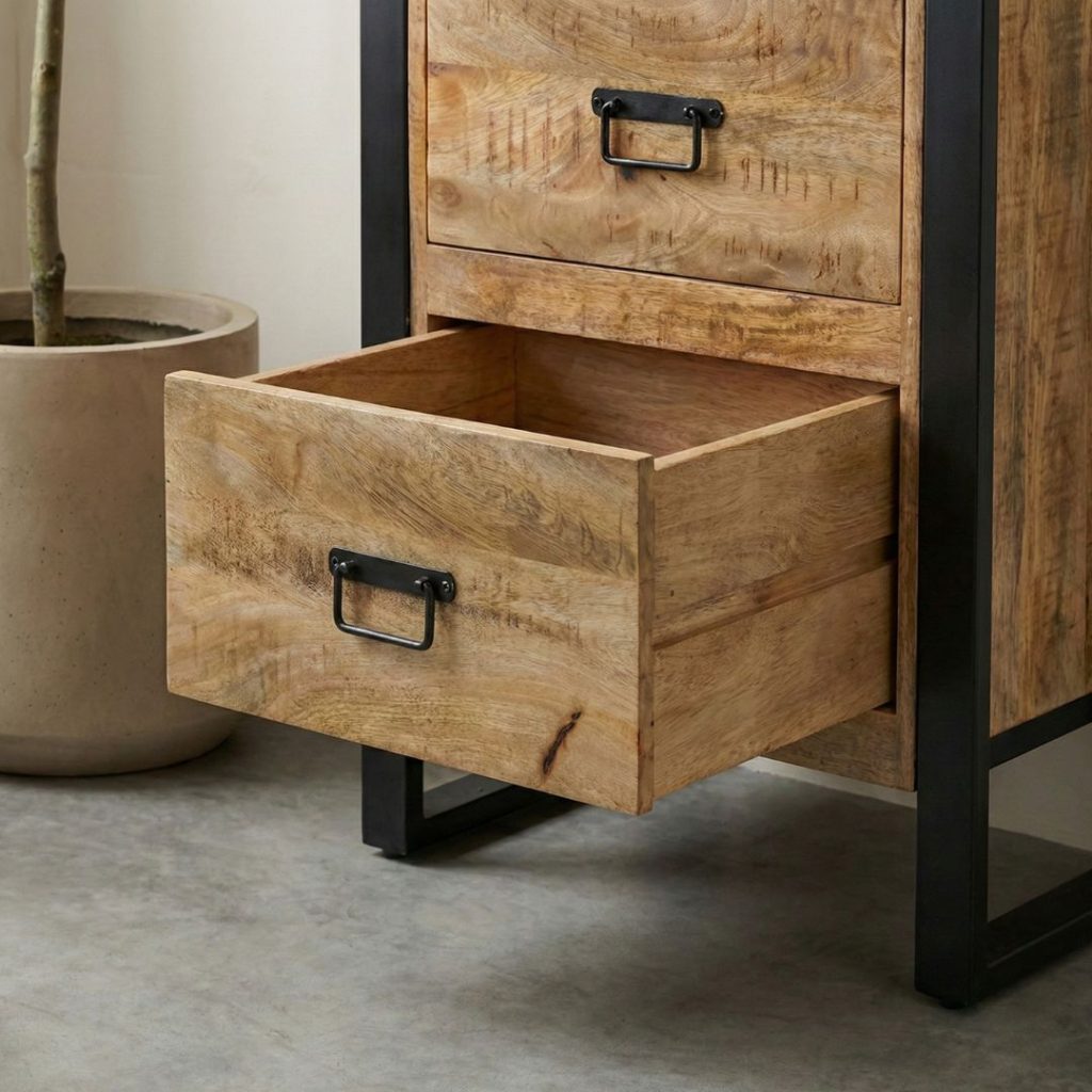 Detail van massief mangohout van opbergkast Britt met lades