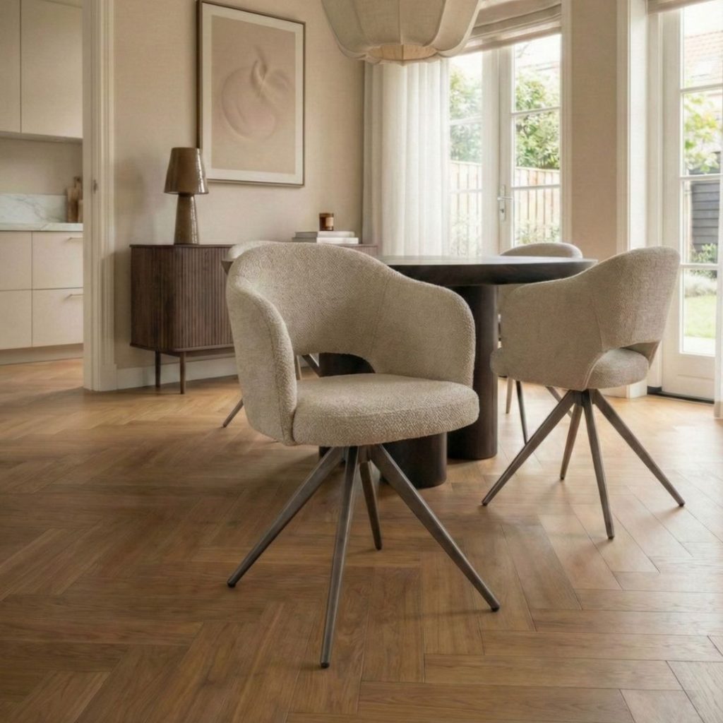Eetkamerstoel Lela van LABEL51 naturel Elite stof taupe metalen poot interieur