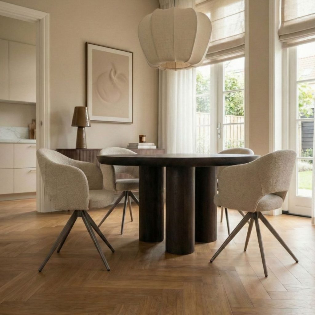 Sfeerfoto Eetkamerstoel Lela van LABEL51 naturel Elite stof met taupe frame