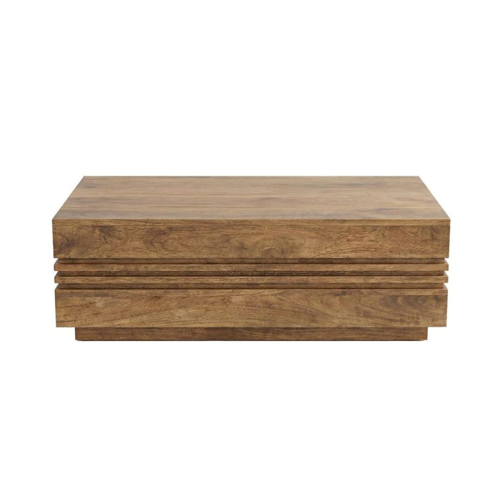 Vooraanzicht van de Salontafel Notch in naturel mangohout tegen een witte achtergrond met subtiele houtstructuur.
