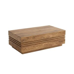 Zijaanzicht van de salontafel in kleur naturel met blokvormig ontwerp en zichtbaar lijnendetail tegen een witte achtergrond.