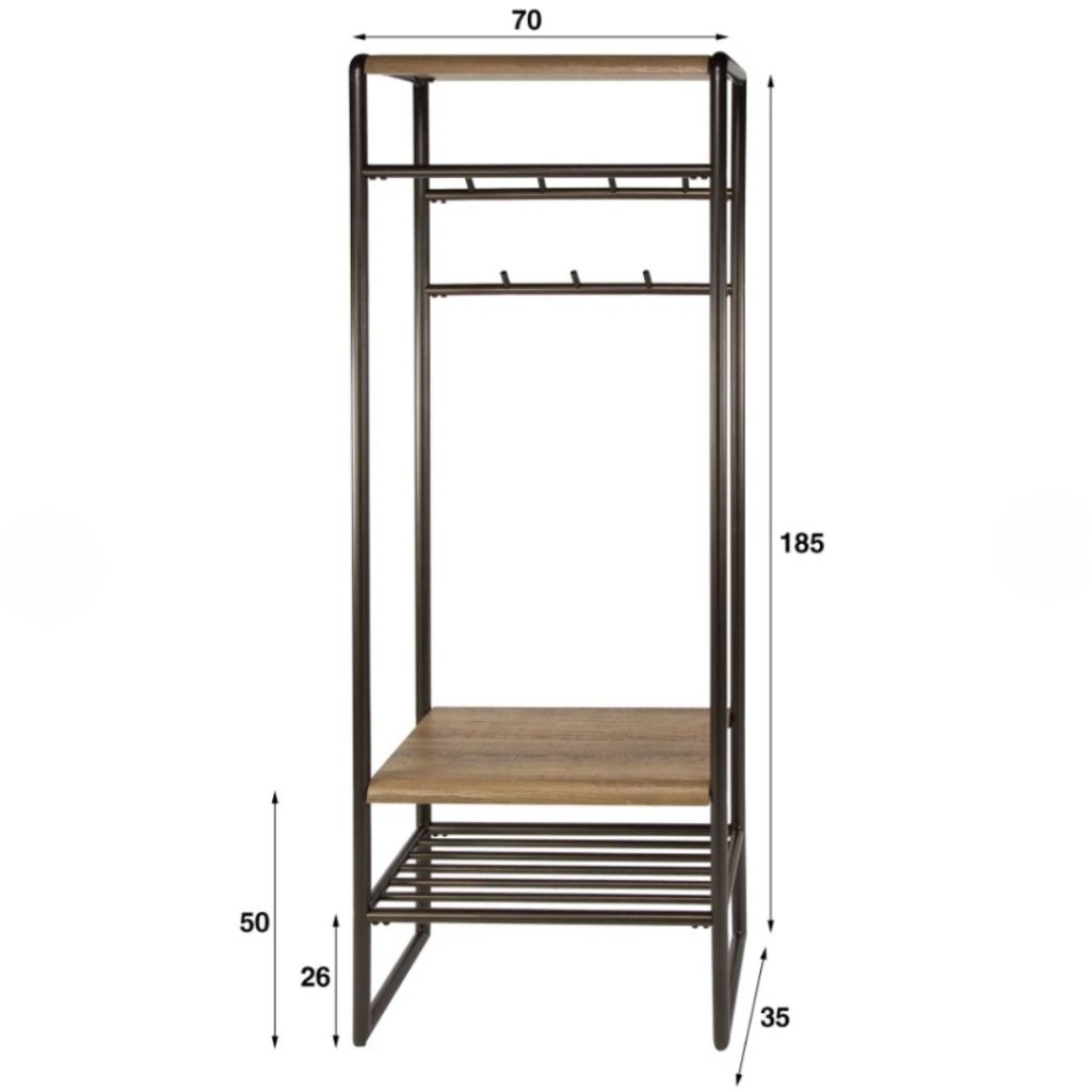 Garderobemeubel Brownie hout met stalen frame in bronskleur en eikenhoutlook planken op witte achtergrond met afmetingen