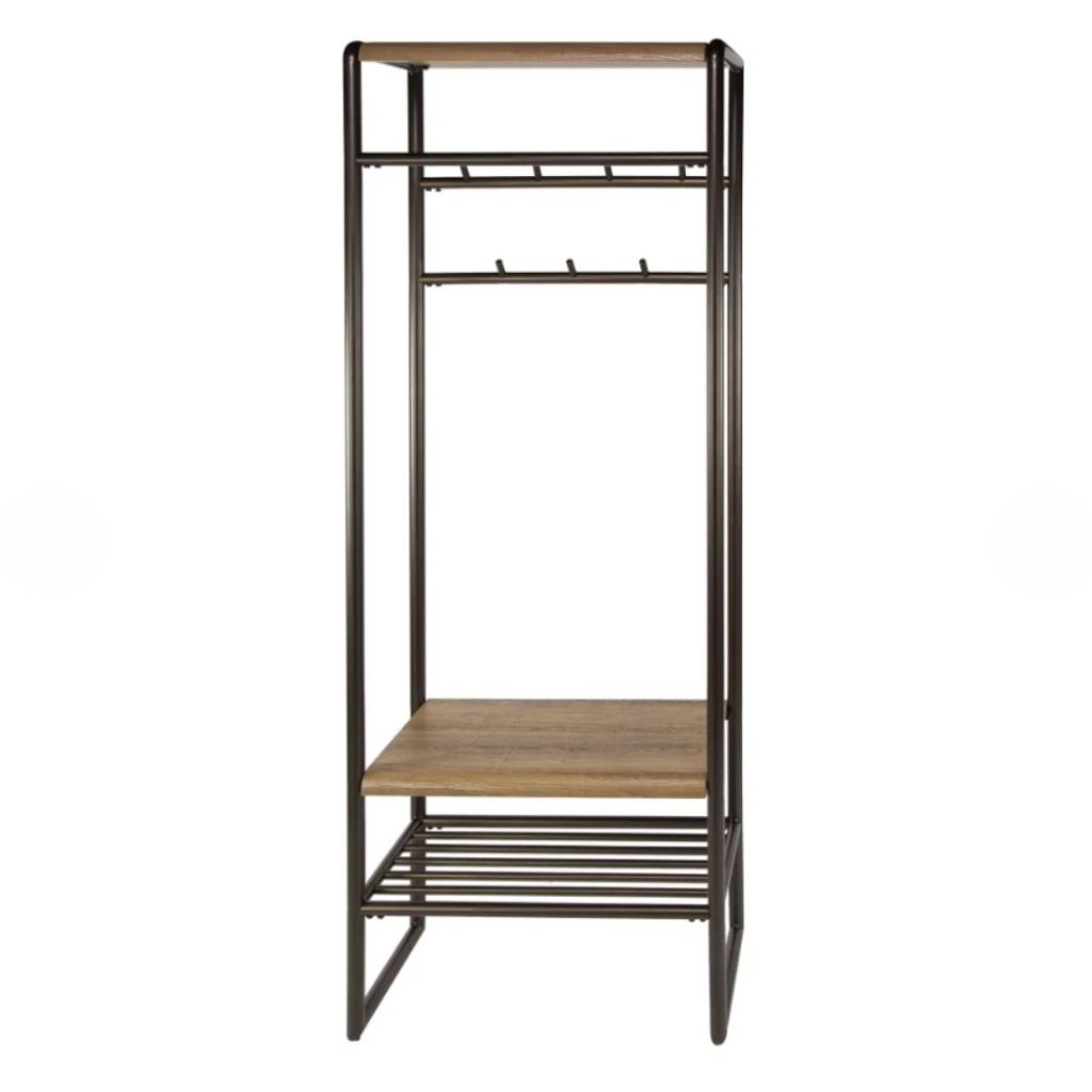 Garderobemeubel Brownie hout met stalen frame in bronskleur en eikenhoutlook planken op witte achtergrond