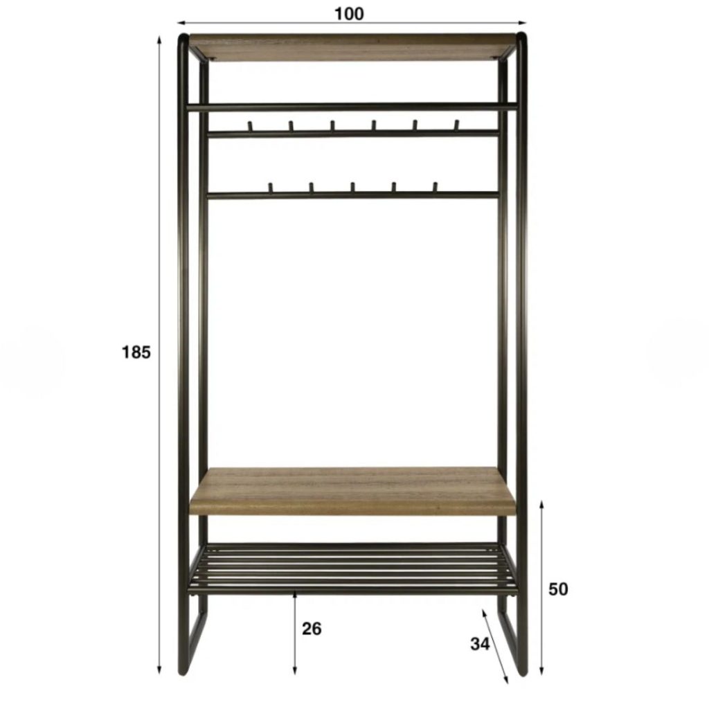 Garderobemeubel Brownie hout met stalen frame in bronskleur en eikenhoutlook planken op witte achtergrond met afmetingen