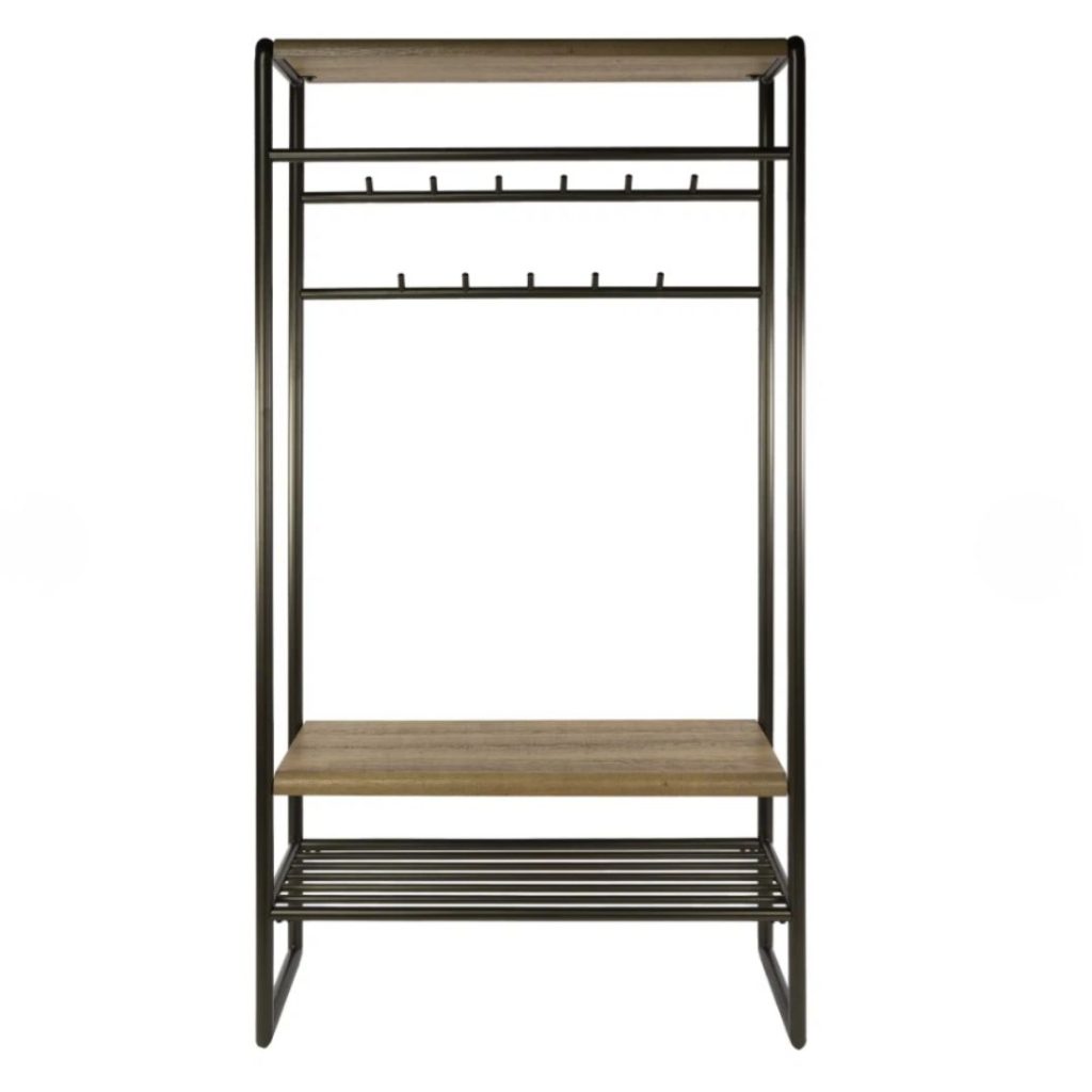 Garderobemeubel Brownie hout met stalen frame in bronskleur en eikenhoutlook planken op witte achtergrond