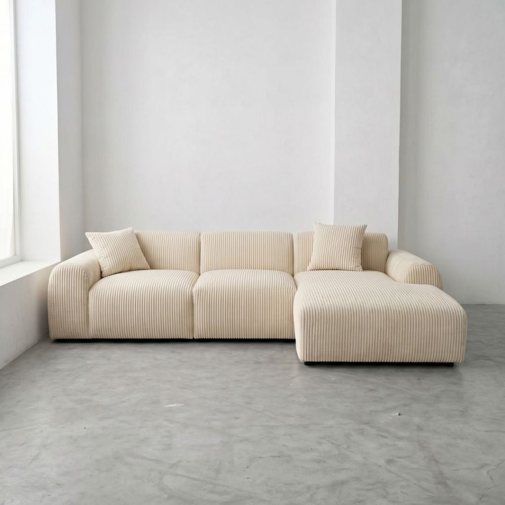Hoekbank Cloudy rechts in een beige ribstof van HUUS