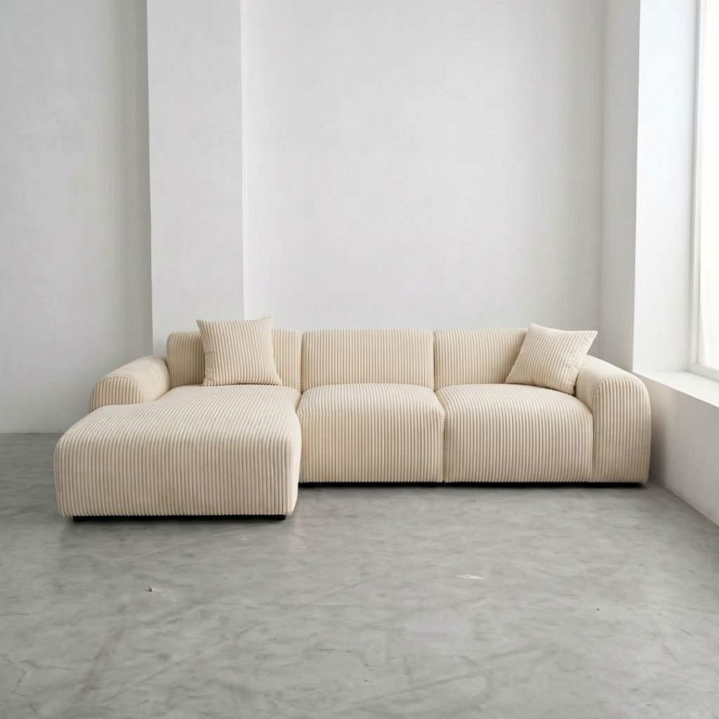 Hoekbank Cloudy links in een beige ribstof van HUUS