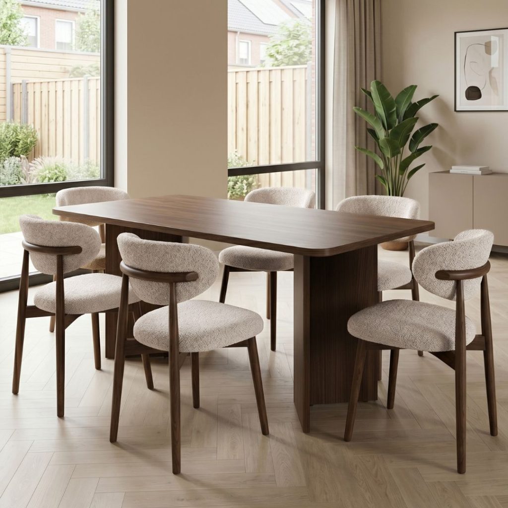 Eettafel keiko met japandi stoelen, sfeerfoto warme walnoot kleuren