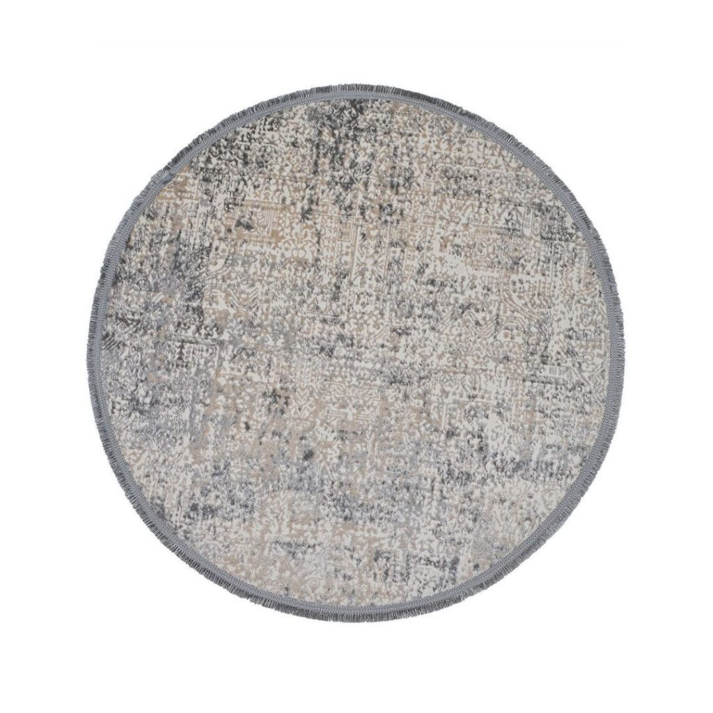 vloerkleed beige grijs tinten en franje detail op witte achtergond 100cm