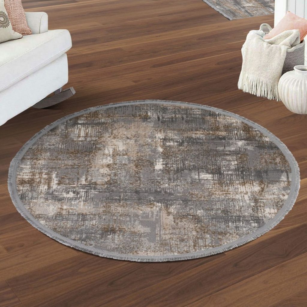 Vloerkleed beige en grijs tinten 100cm rond in sfeervol interieur